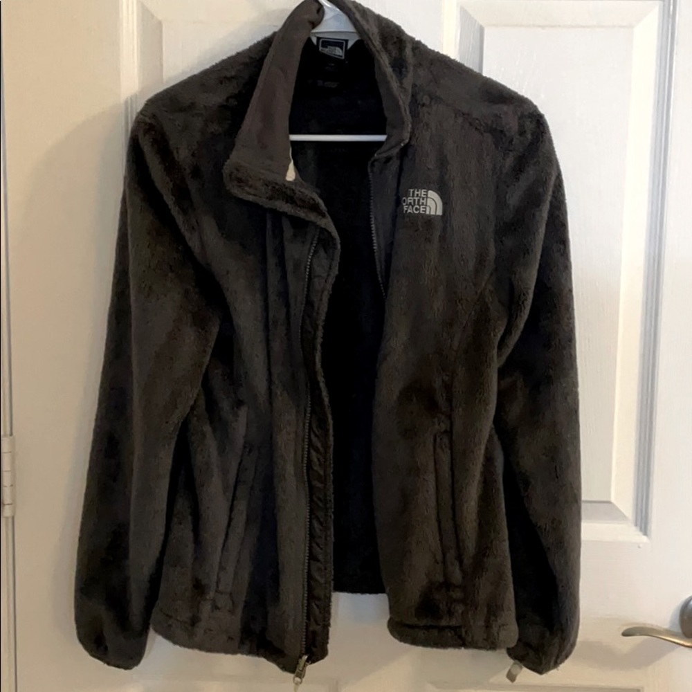 Gray fuzzy North Face jacket
